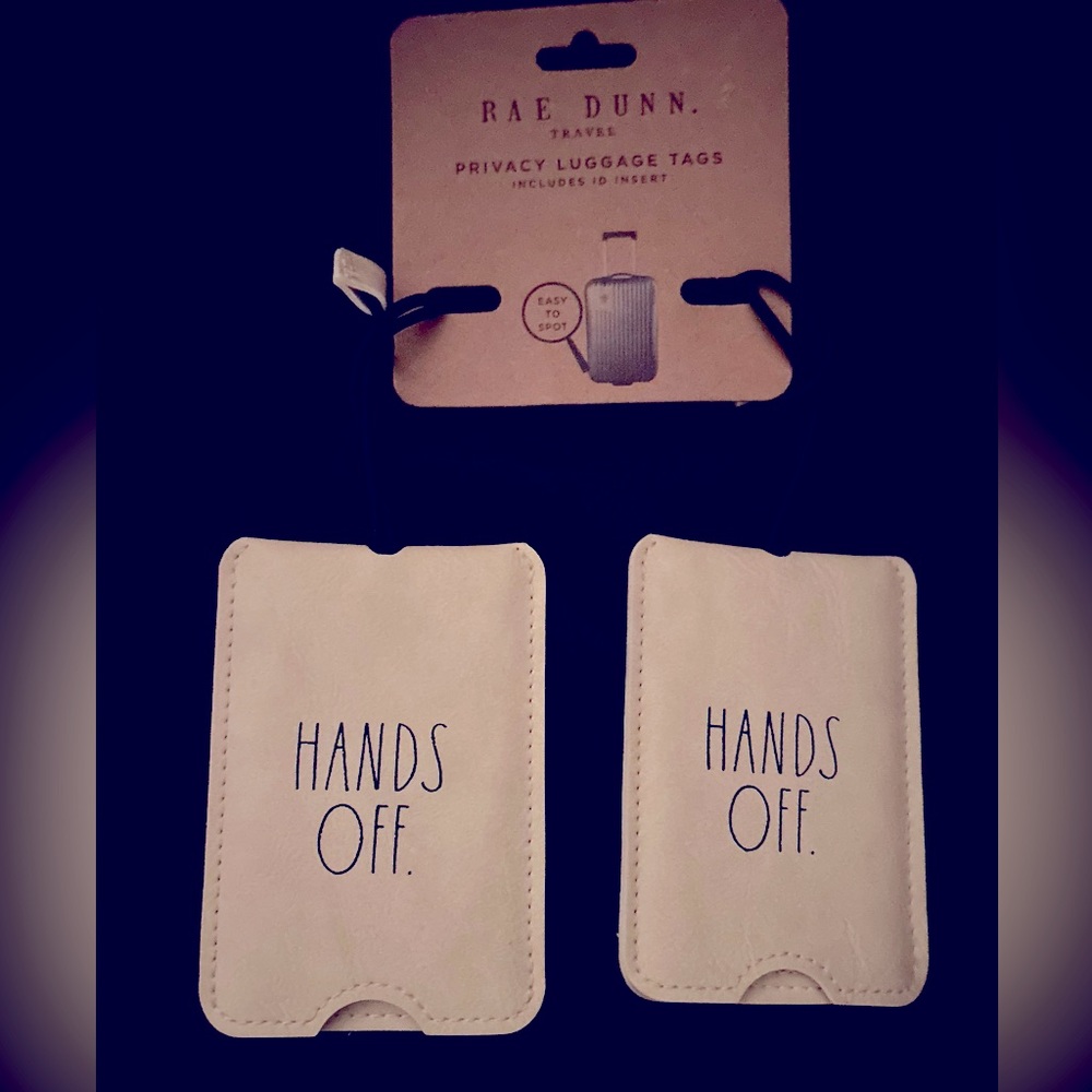 Rae Dunn luggage tags “Hands Off”